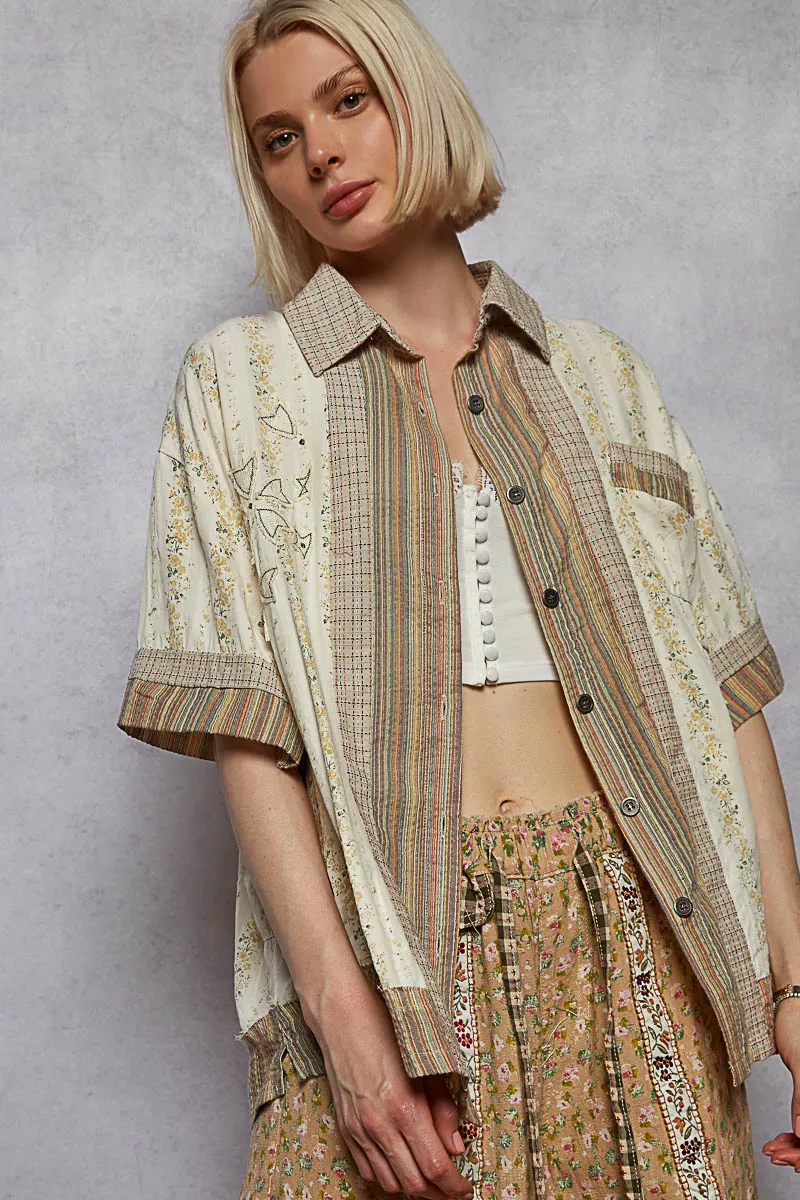 POL Printed Button Down Patchwork Short Sleeve Shirt - Image 2