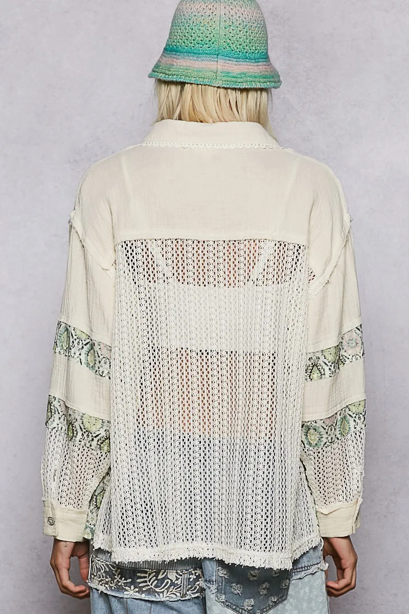 POL Printed Crochet Patchwork Button-Up Shirt - Image 3