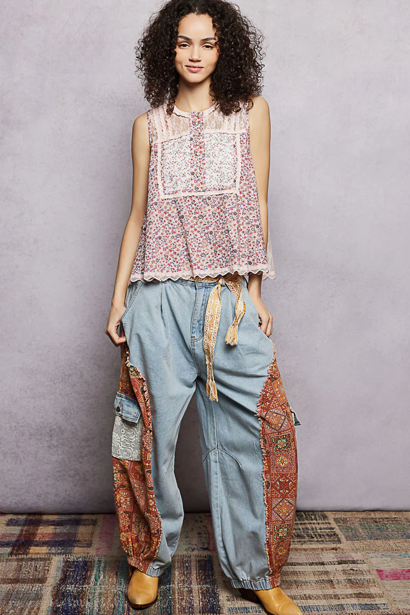 POL Printed Woven Lace Back Round Neck Sleeveless Top - Image 5