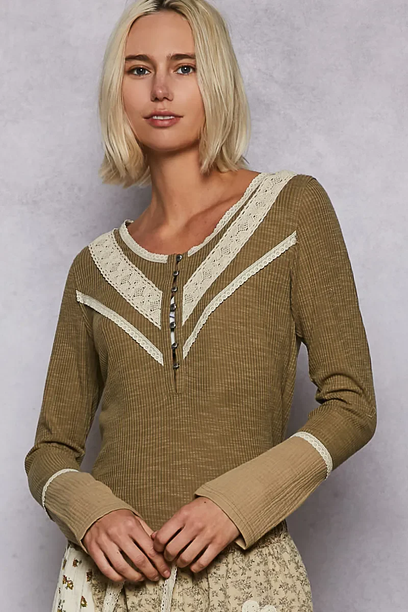 POL Ribbed Half Button Lace Detail Knit Top - Image 2