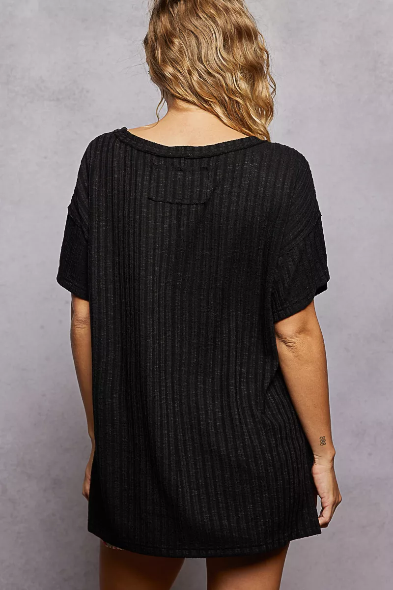 POL Ribbed Knit V-Neck Short Sleeve T-Shirt - Image 4