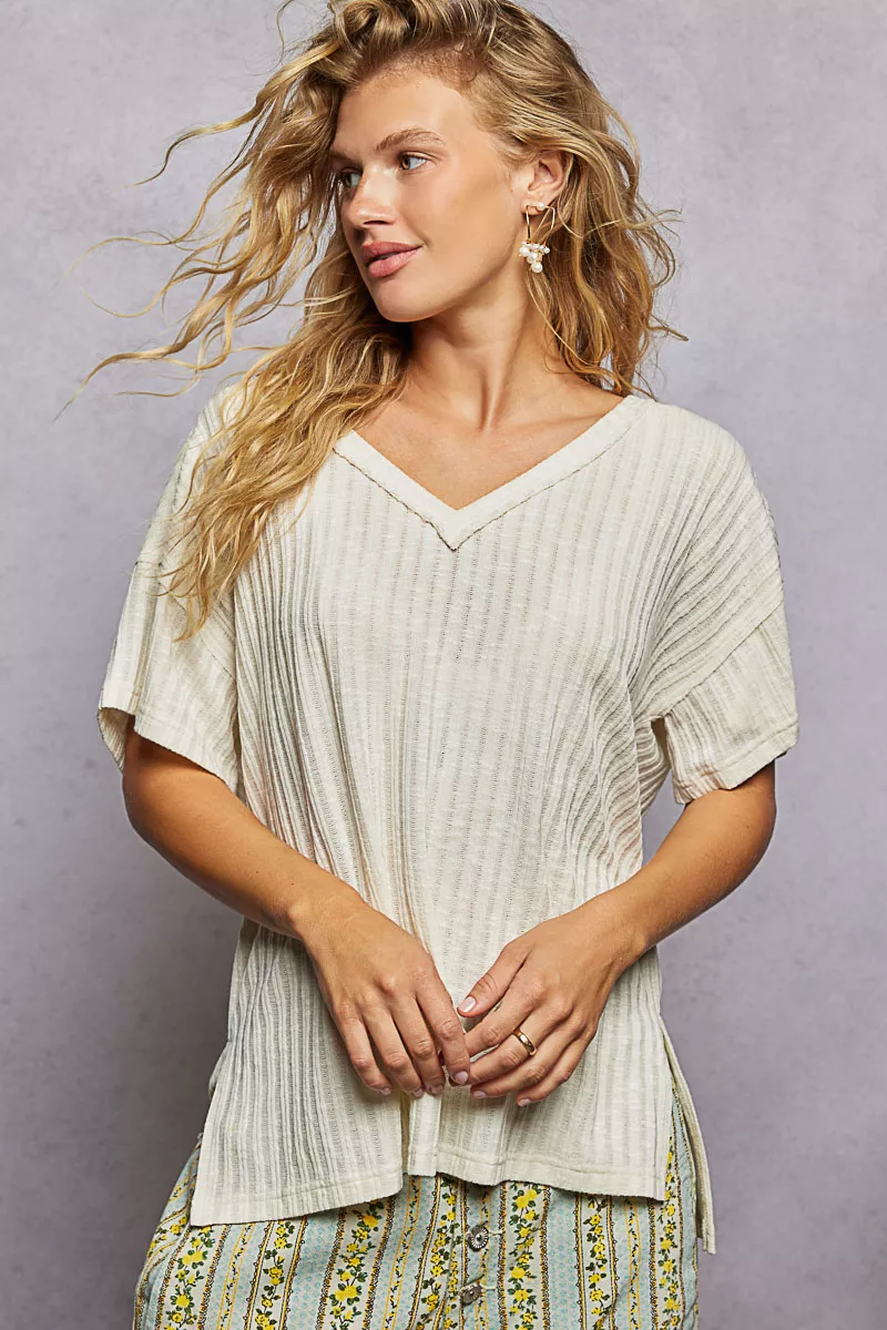 POL Ribbed Knit V-Neck Short Sleeve T-Shirt with Side Slit - Image 2