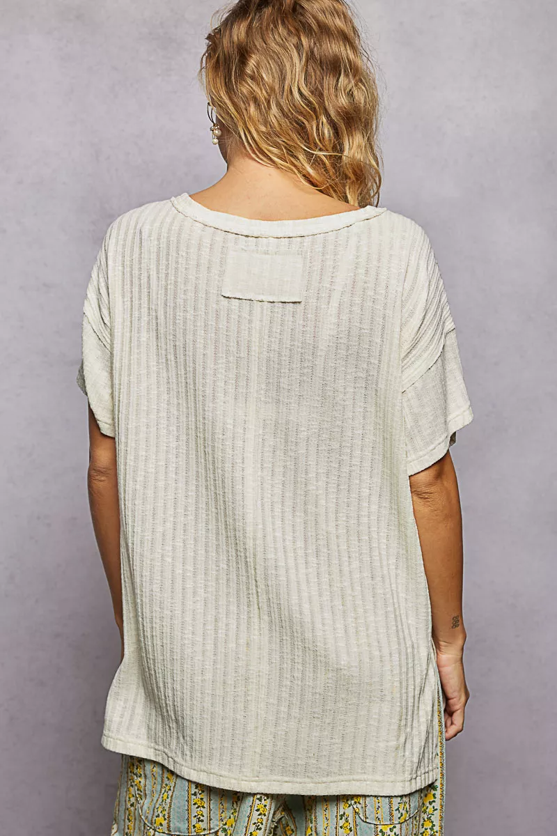 POL Ribbed Knit V-Neck Short Sleeve T-Shirt with Side Slit - Image 4