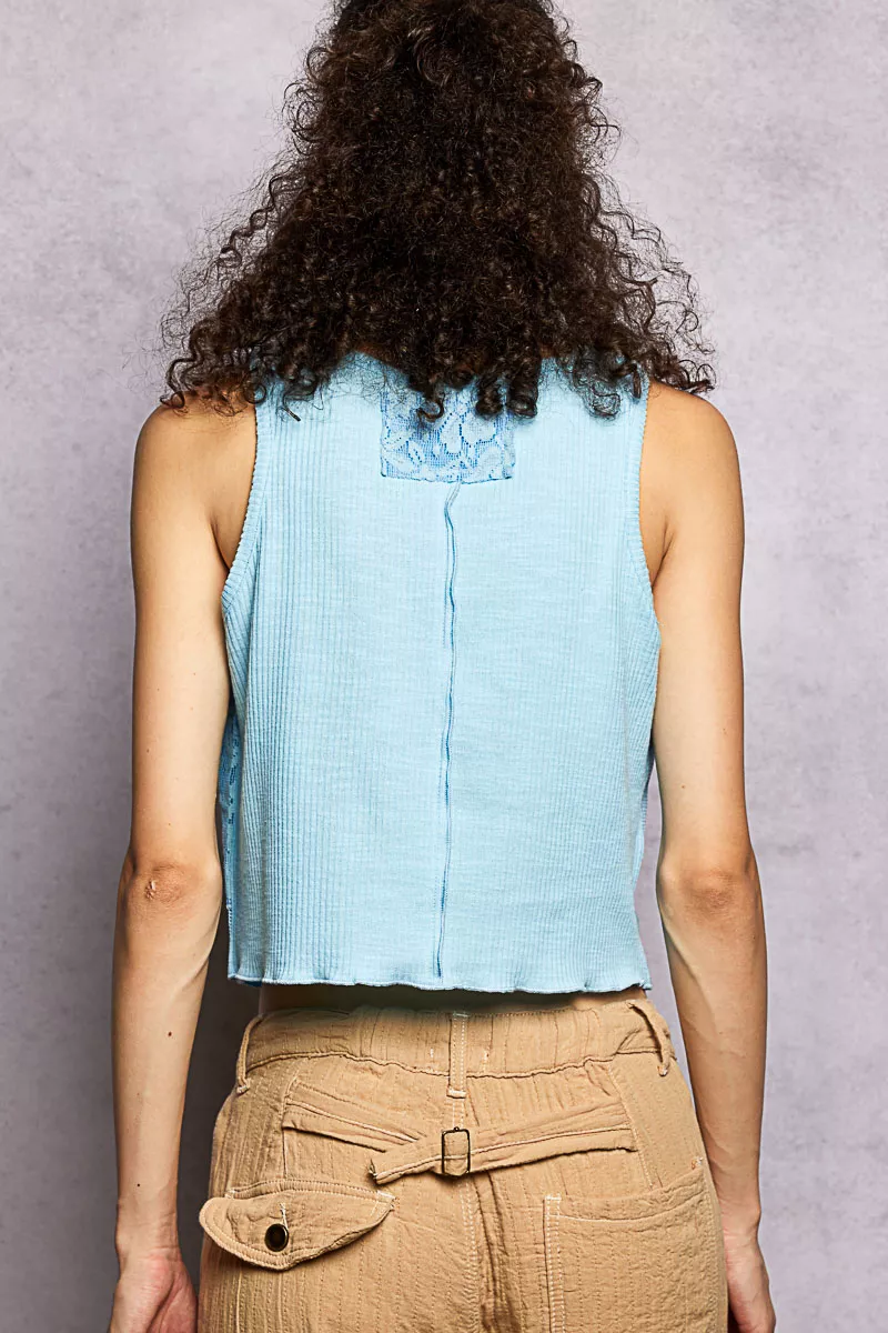 POL Ribbed Round Neck Cropped Tank with Lace Detail - Image 4