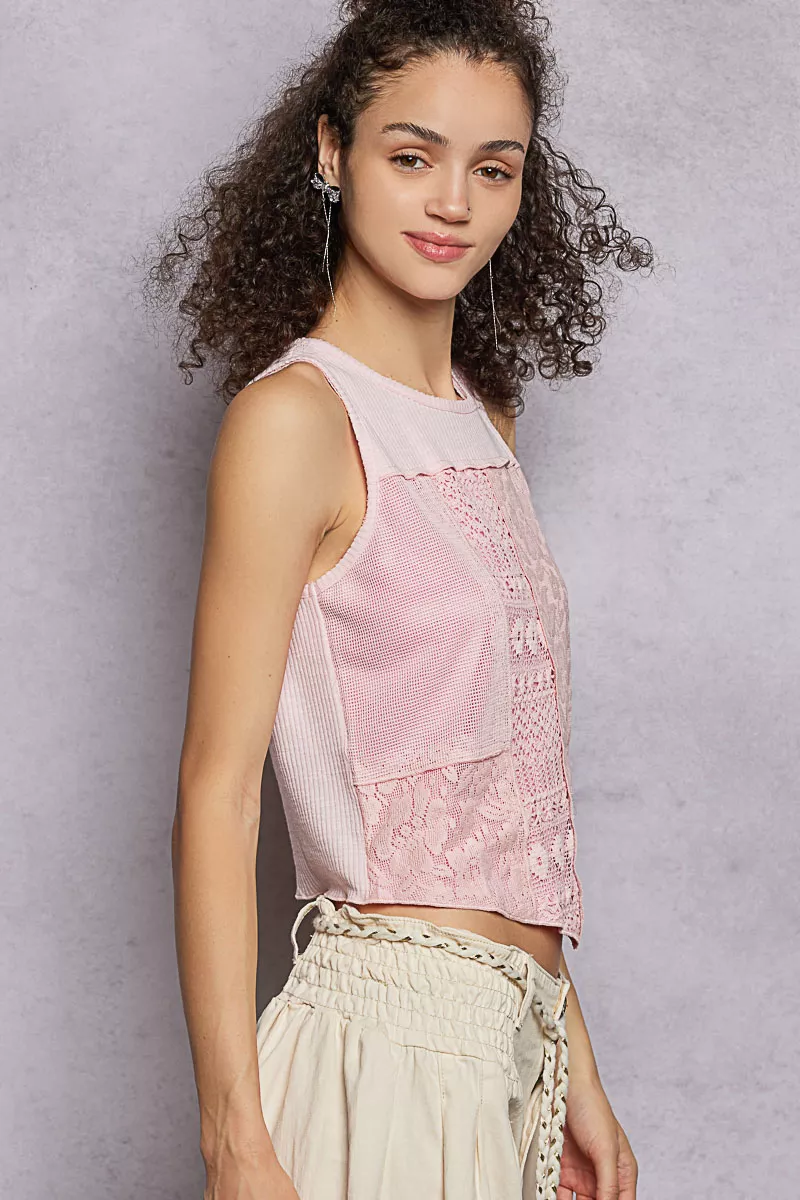 POL Ribbed Round Neck Cropped Tank with Lace Detail - Image 3