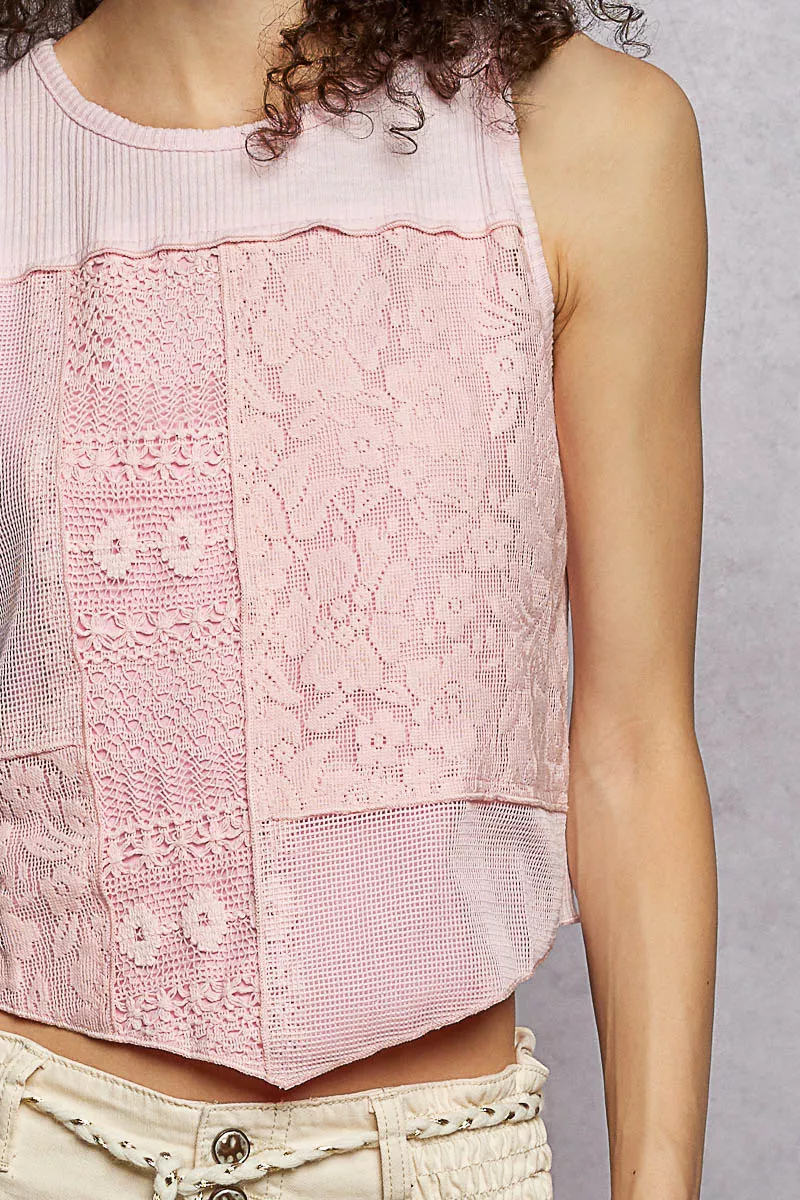 POL Ribbed Round Neck Cropped Tank with Lace Detail - Image 5