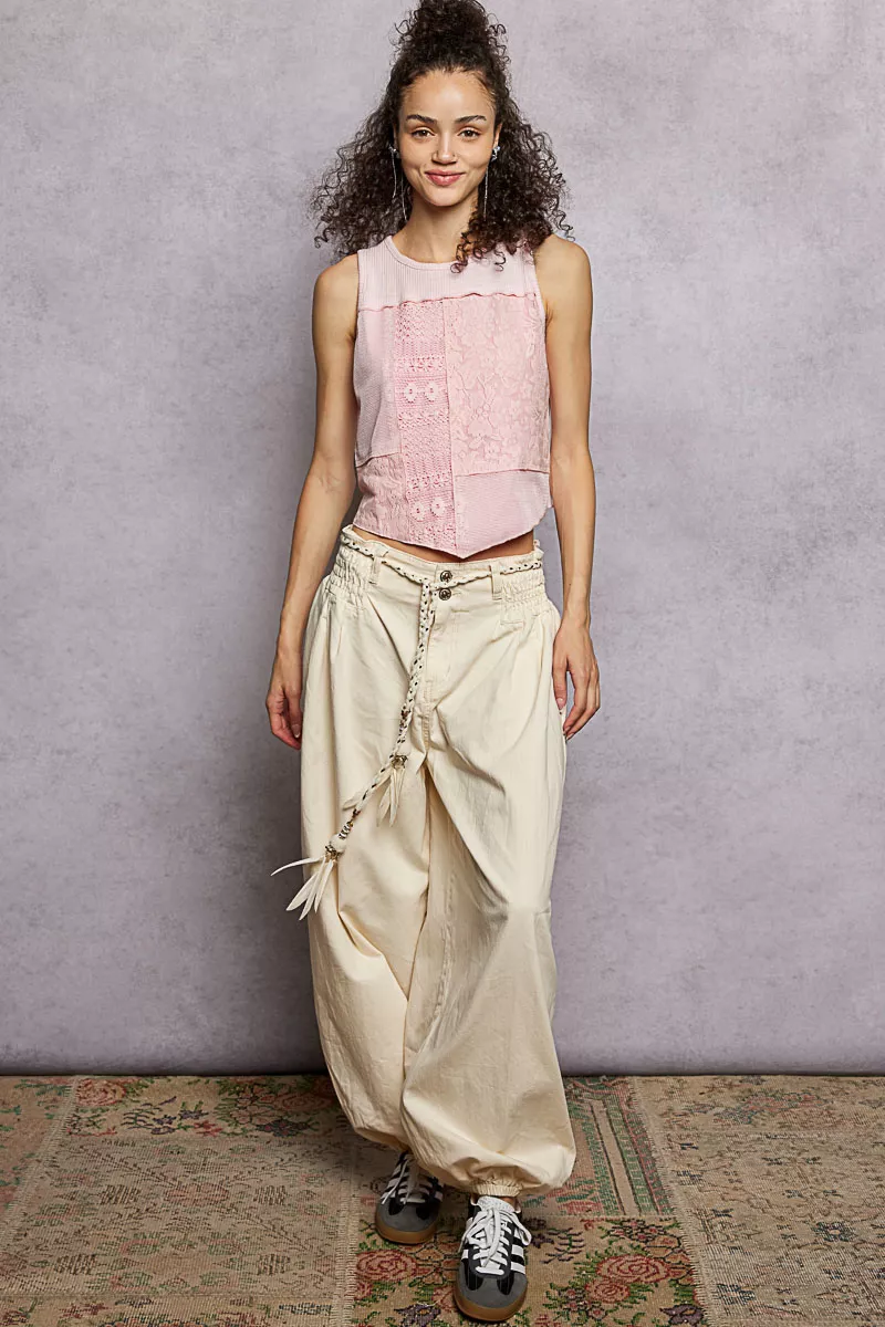 POL Ribbed Round Neck Cropped Tank with Lace Detail - Image 6