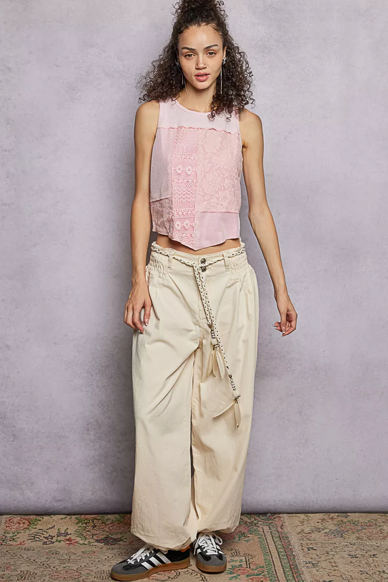 POL Ribbed Round Neck Cropped Tank with Lace Detail - Image 7