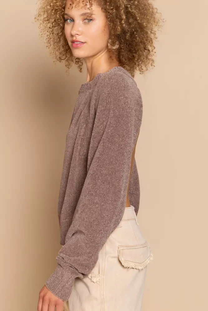 POL Round Neck Backless Sweater with Ribbed Edge - Image 2