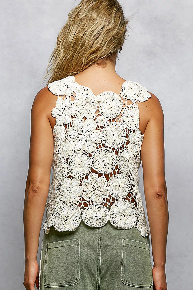 POL Round Neck Floral Crochet Sleeveless Cropped Top - Image 4