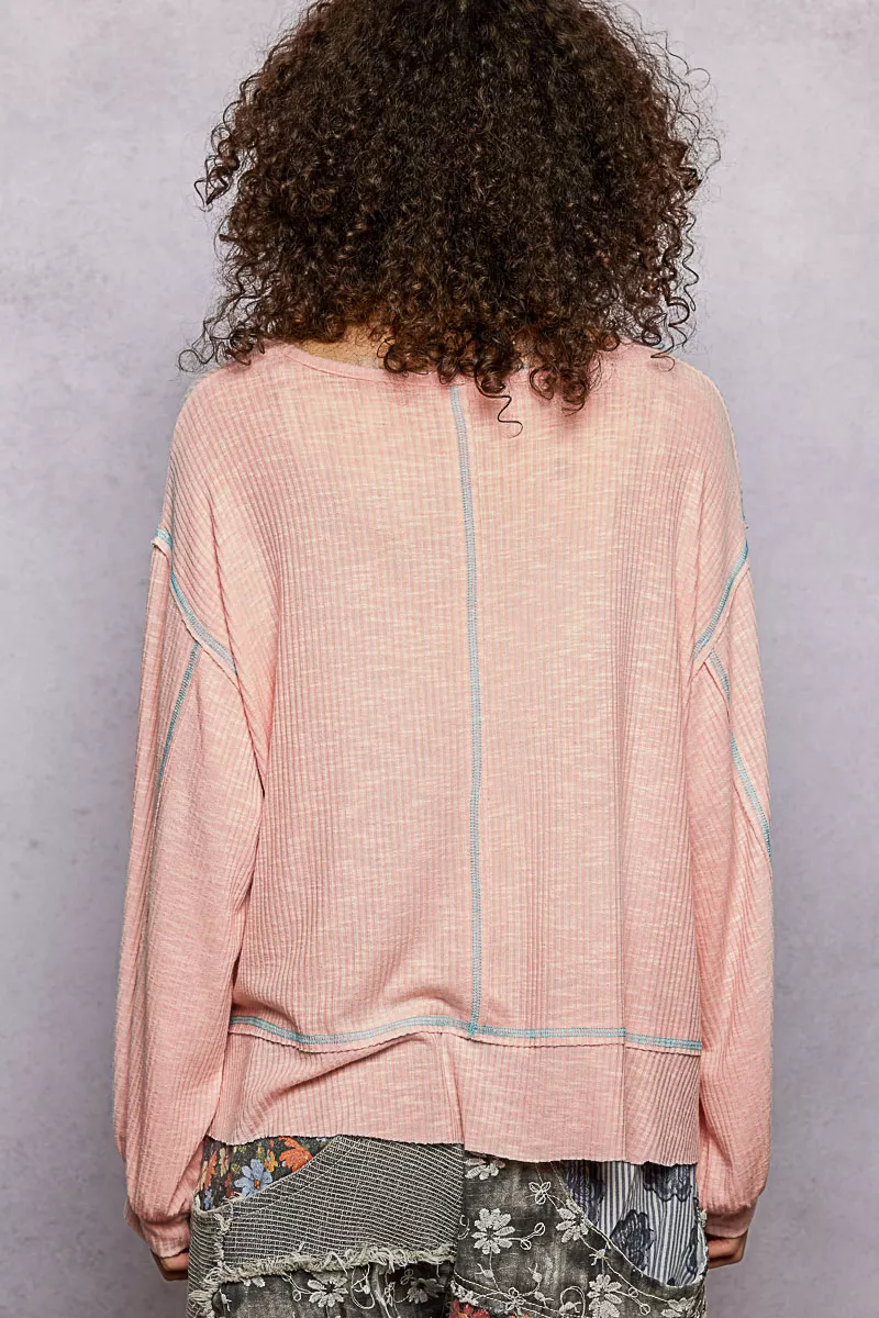 POL Round Neck Long Sleeve Exposed Seam Top with Chest Pocket - Image 4