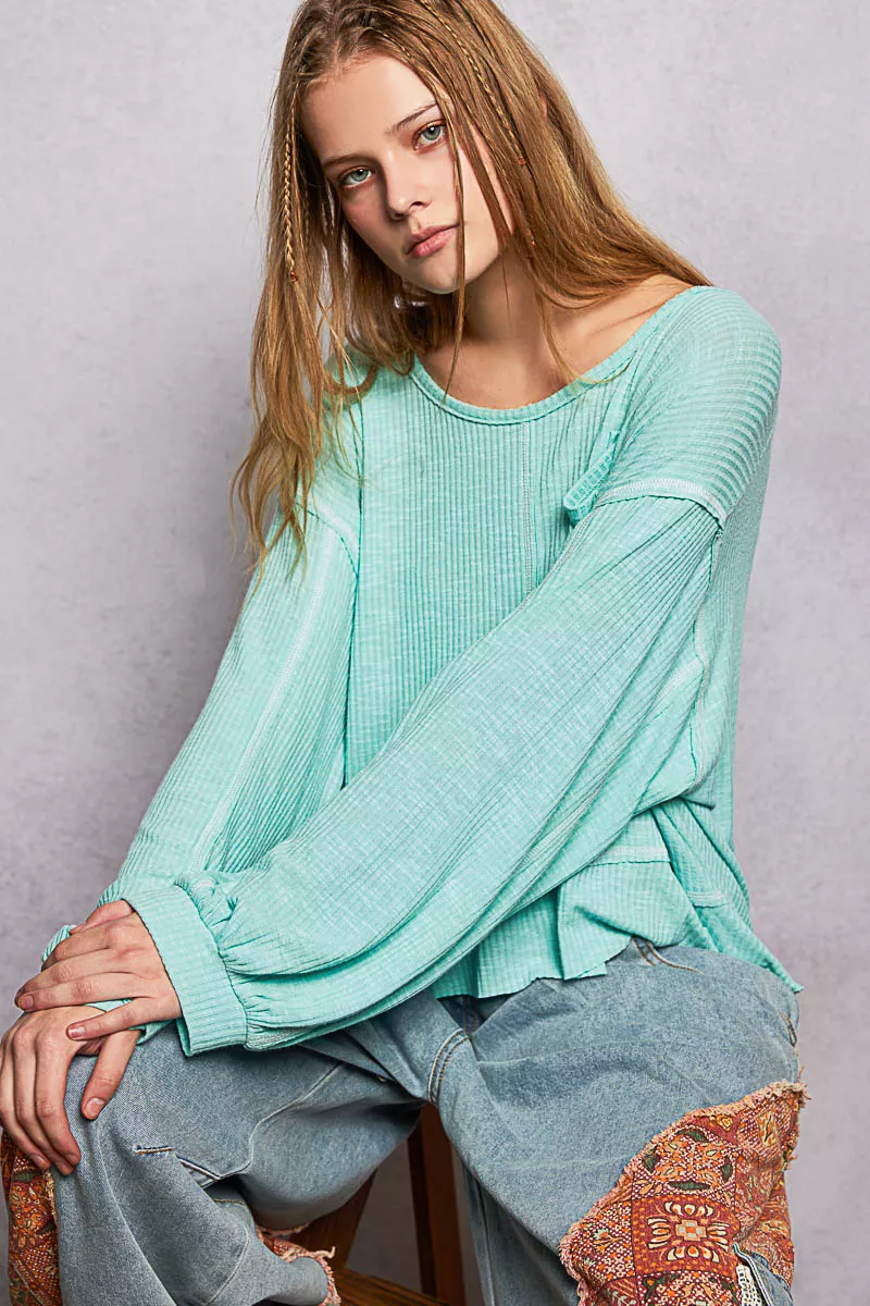 POL Round Neck Long Sleeve Exposed Seam Top with Chest Pocket - Image 2