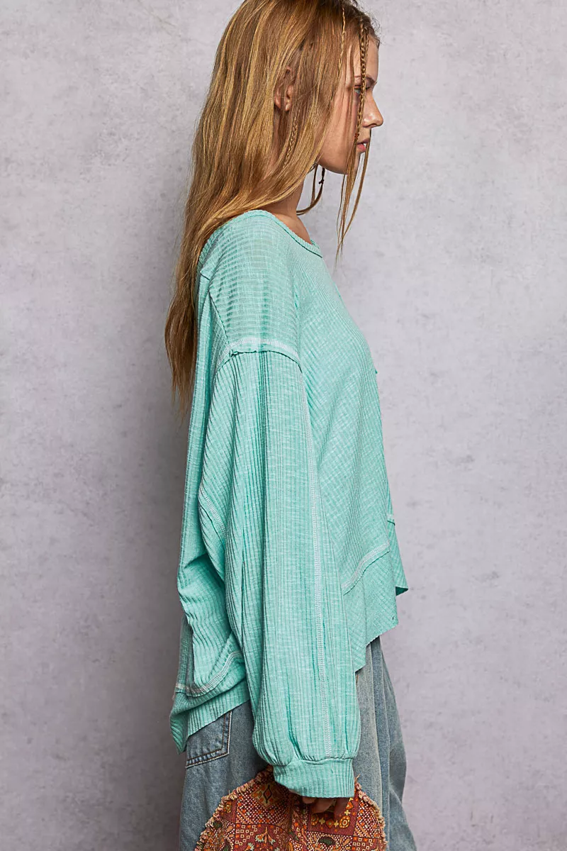 POL Round Neck Long Sleeve Exposed Seam Top with Chest Pocket - Image 4