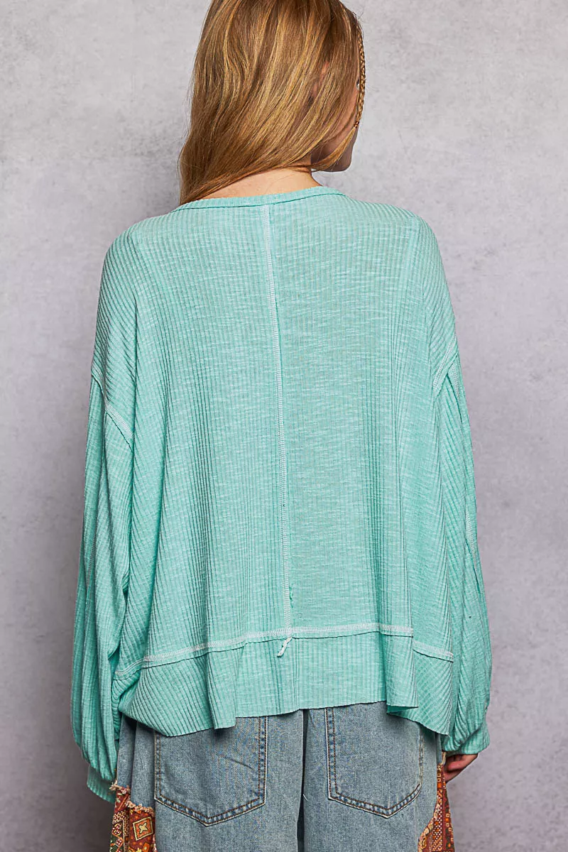 POL Round Neck Long Sleeve Exposed Seam Top with Chest Pocket - Image 5