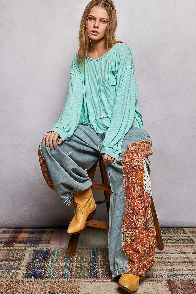 POL Round Neck Long Sleeve Exposed Seam Top with Chest Pocket - Image 6