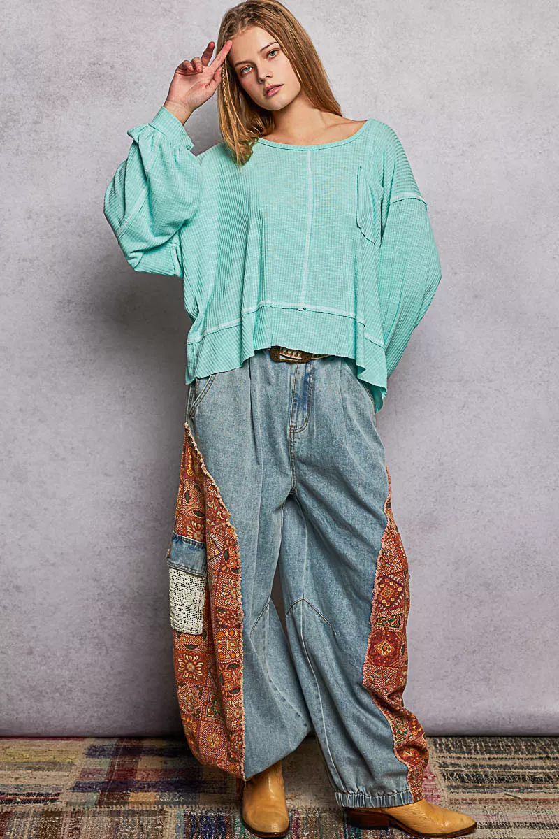 POL Round Neck Long Sleeve Exposed Seam Top with Chest Pocket - Image 7