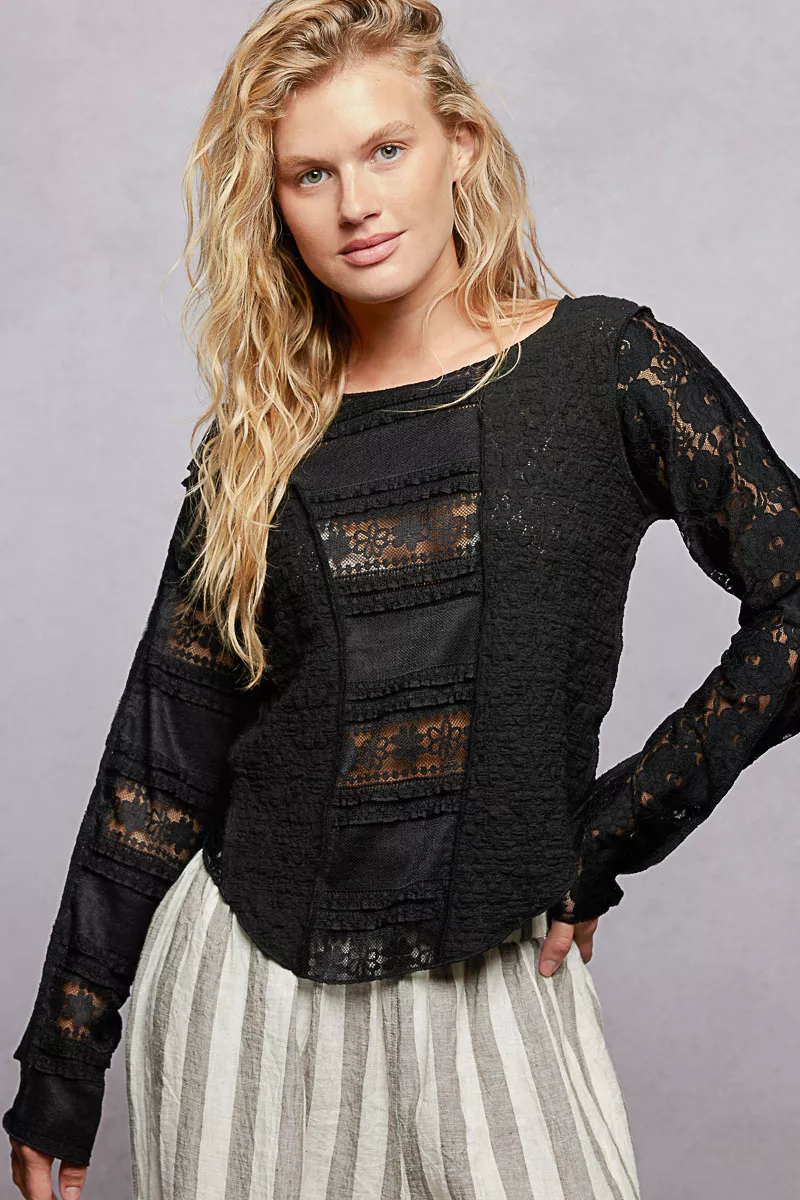 POL Round Neck Long Sleeve Exposed Seam Top with Lace Detail - Image 2