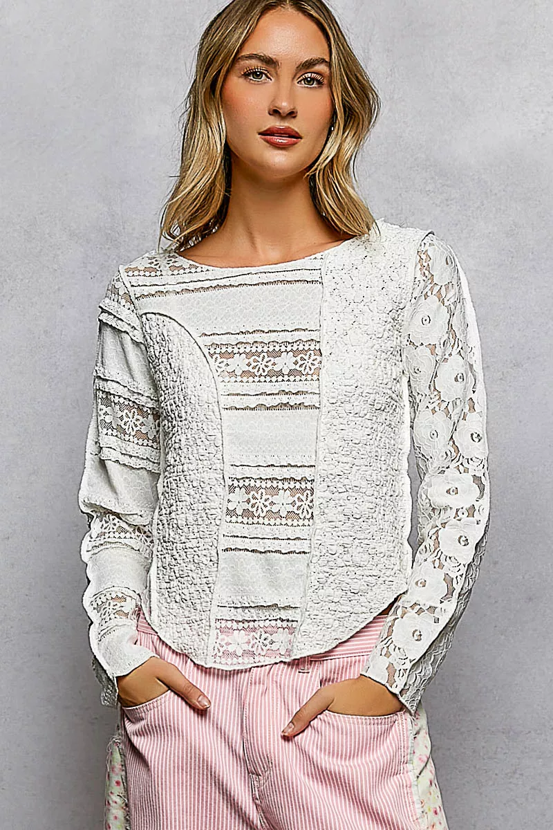 POL Round Neck Long Sleeve Exposed Seam Top with Lace Detail