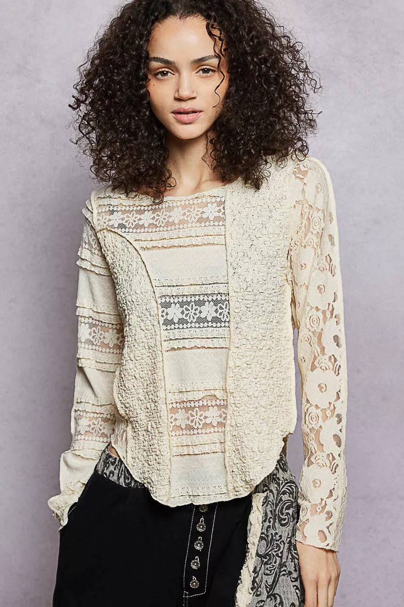 POL Round Neck Long Sleeve Exposed Seam Top with Lace Detail - Image 2