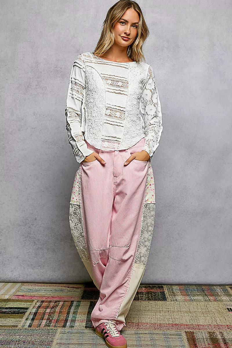 POL Round Neck Long Sleeve Exposed Seam Top with Lace Detail - Image 5