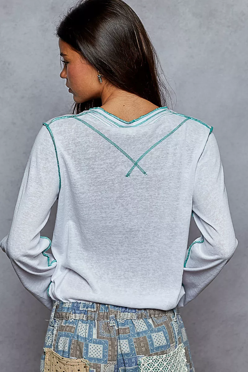 POL Round Neck Long Sleeve Top with Contrast Stitching - Image 4