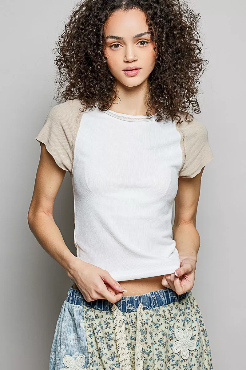 POL Round Neck Outseam Detail T-Shirt with Contrast Color Sleeves - Image 2