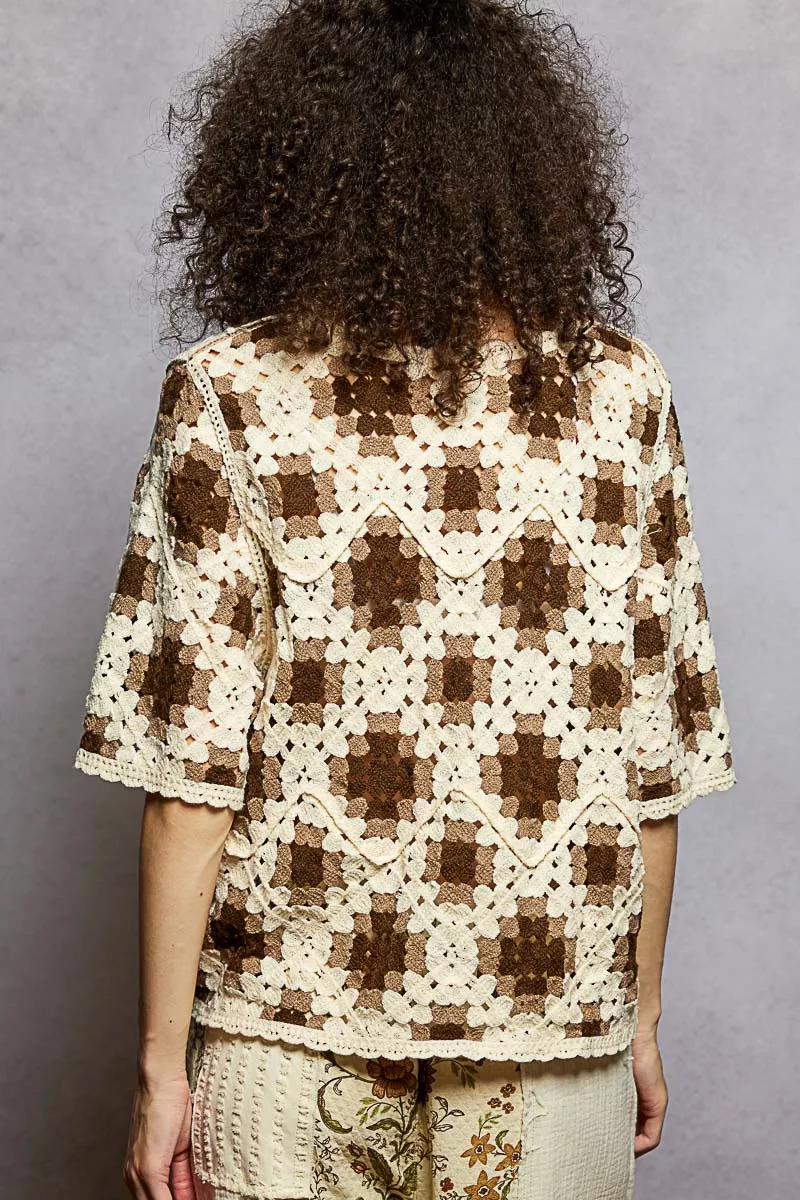 POL Round Neck Short Sleeve Color Pattern Crochet Top with Border Accents - Image 4