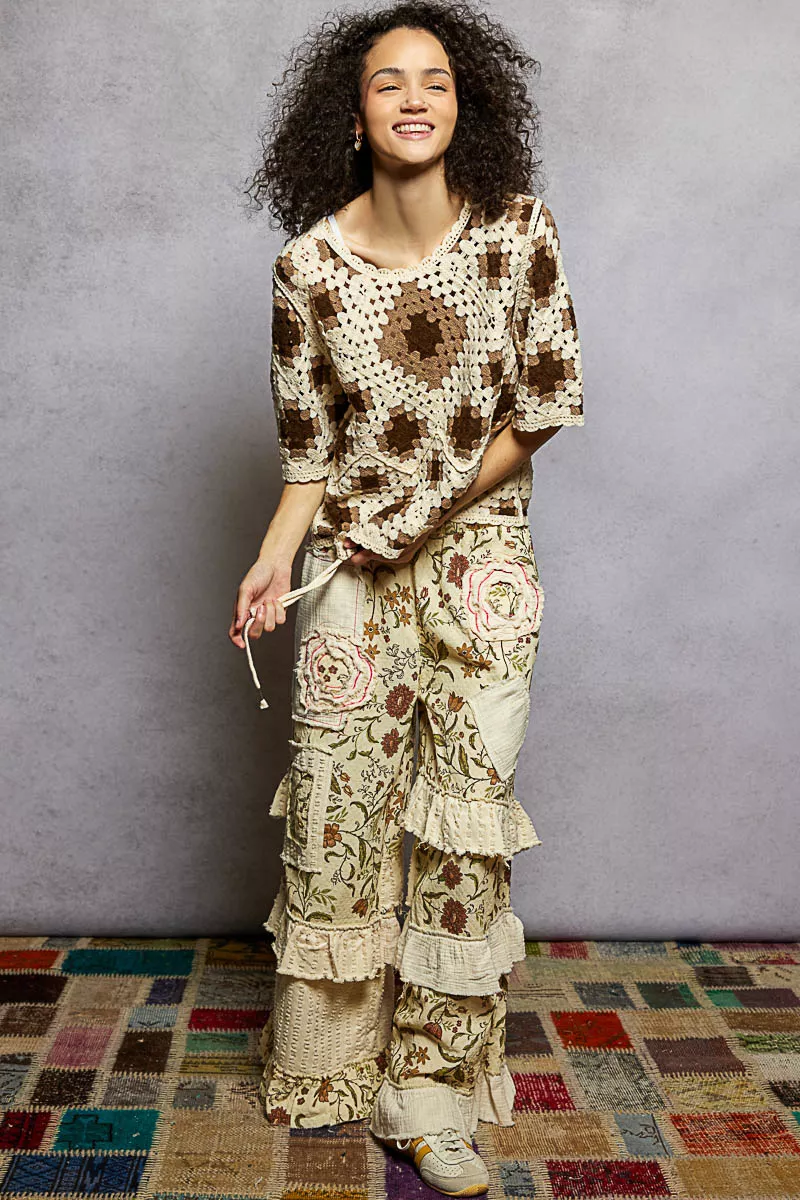 POL Round Neck Short Sleeve Color Pattern Crochet Top with Border Accents - Image 5
