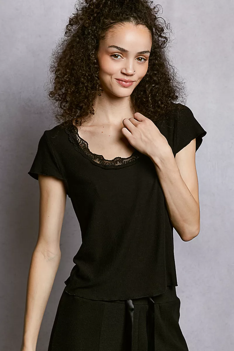POL Round Neck Short Sleeve Crop T-Shirt with Lace Trim - Image 2