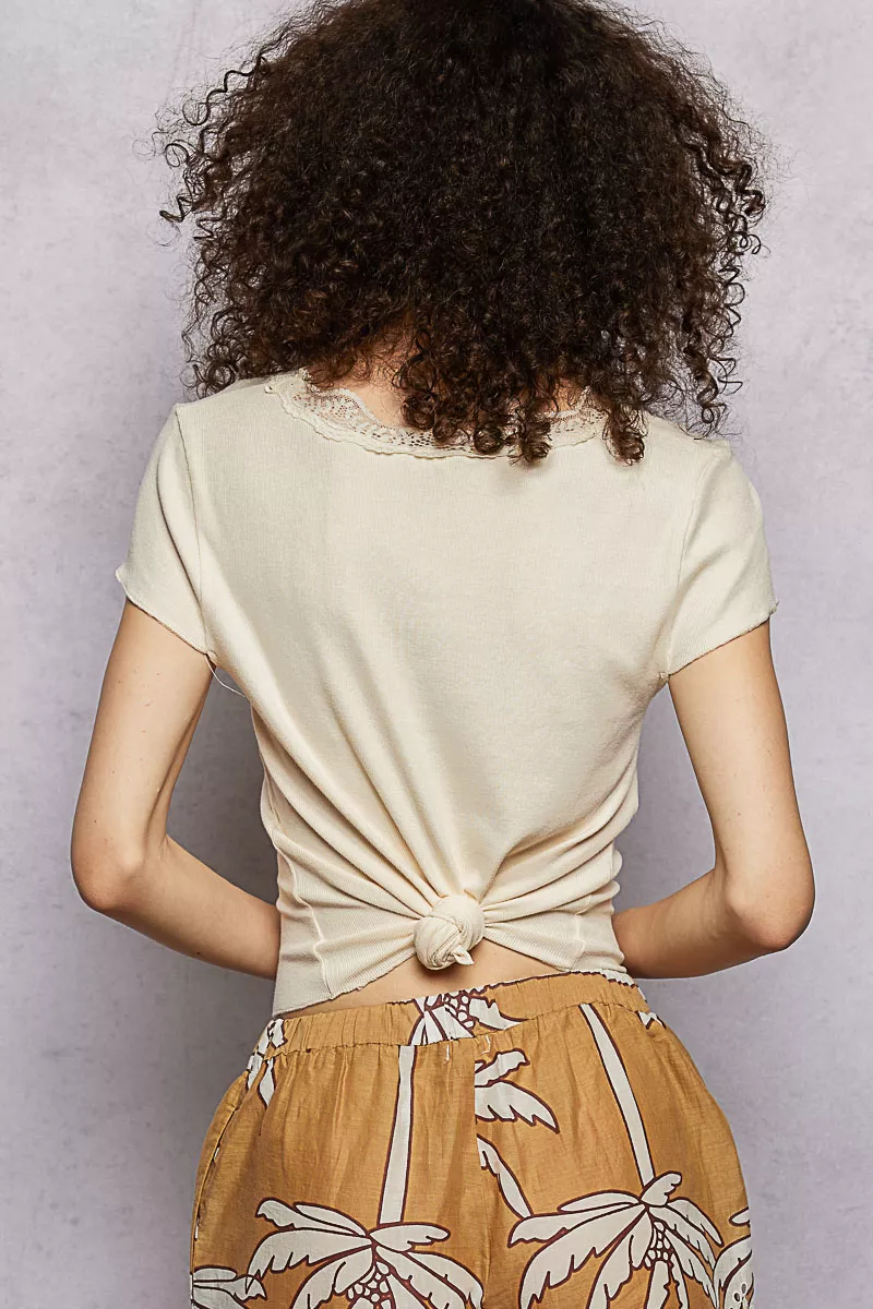 POL Round Neck Short Sleeve Crop T-Shirt with Lace Trim - Image 4