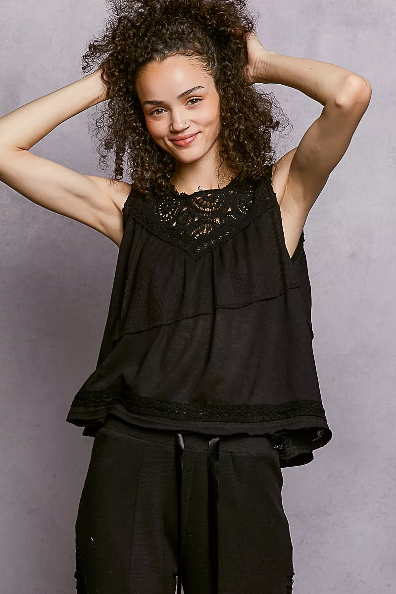 POL Round Neck Sleeveless Top with Crochet Contrast - Image 2