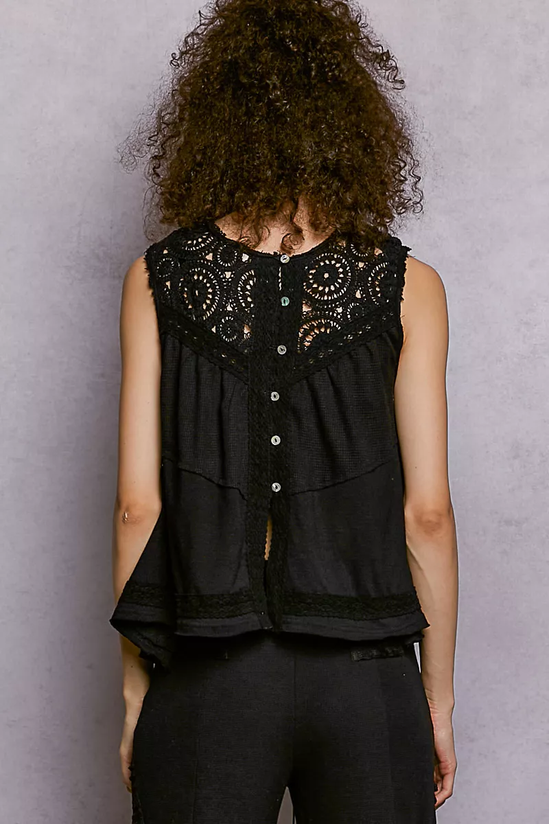 POL Round Neck Sleeveless Top with Crochet Contrast - Image 4