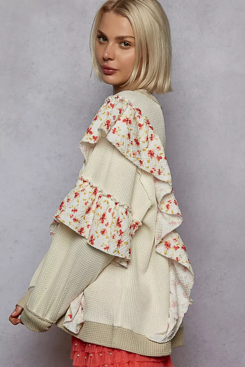POL Round Neck Sweater with Floral Ruffle Detail - Image 3