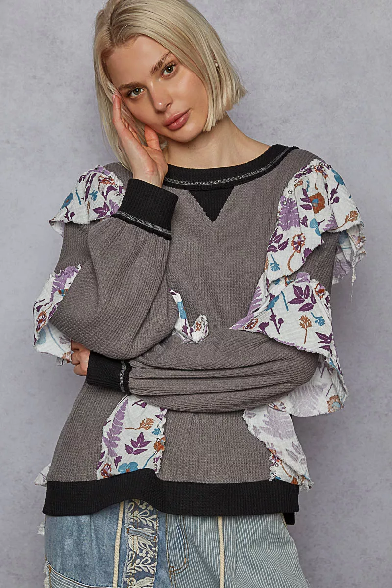 POL Round Neck Sweater with Floral Ruffle Detail - Image 2