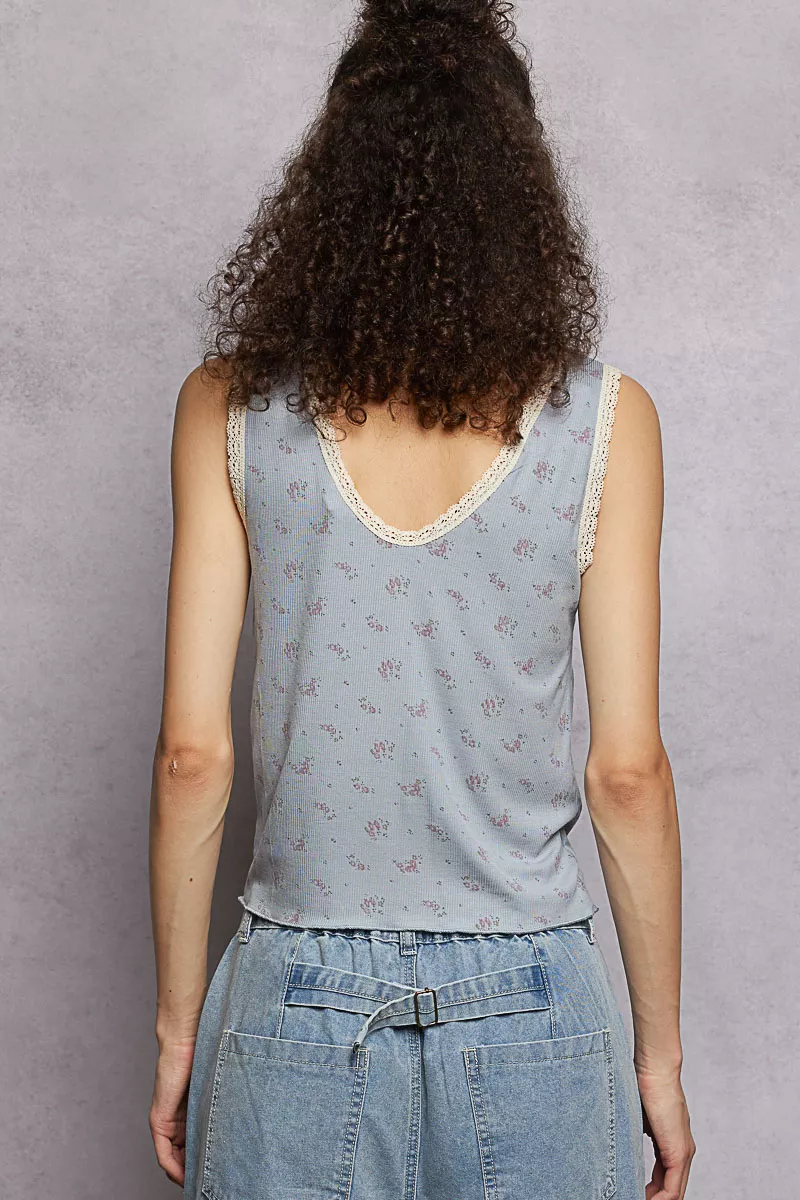 POL Ruched Floral V-Neck Tank with Lace Detail - Image 4