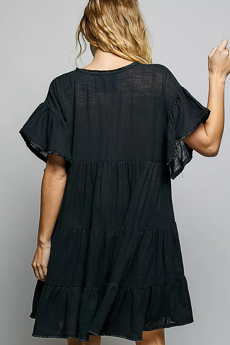 POL Ruffle Shirred V-Neck Short Sleeve Cotton Dress - Image 3