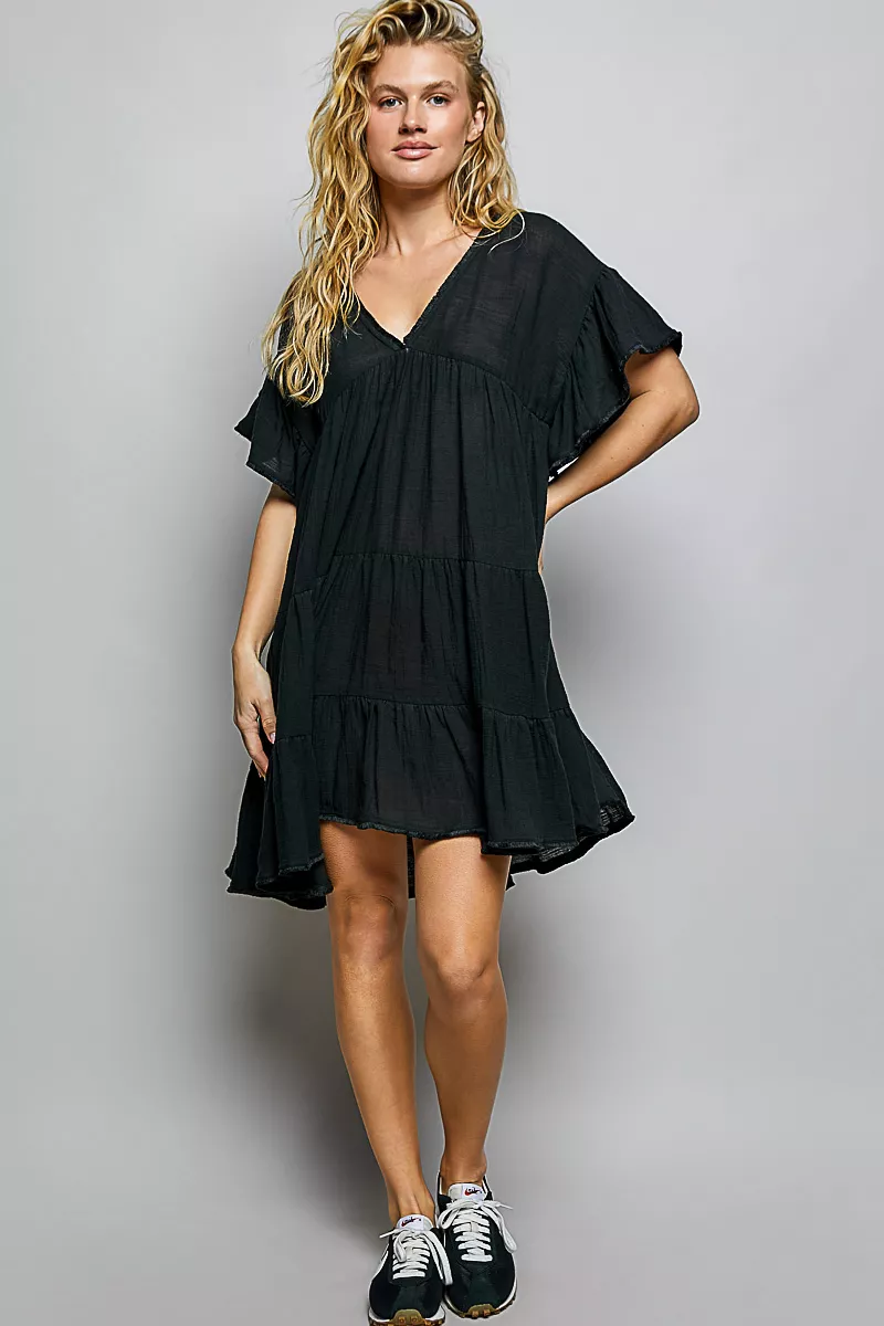 POL Ruffle Shirred V-Neck Short Sleeve Cotton Dress - Image 5