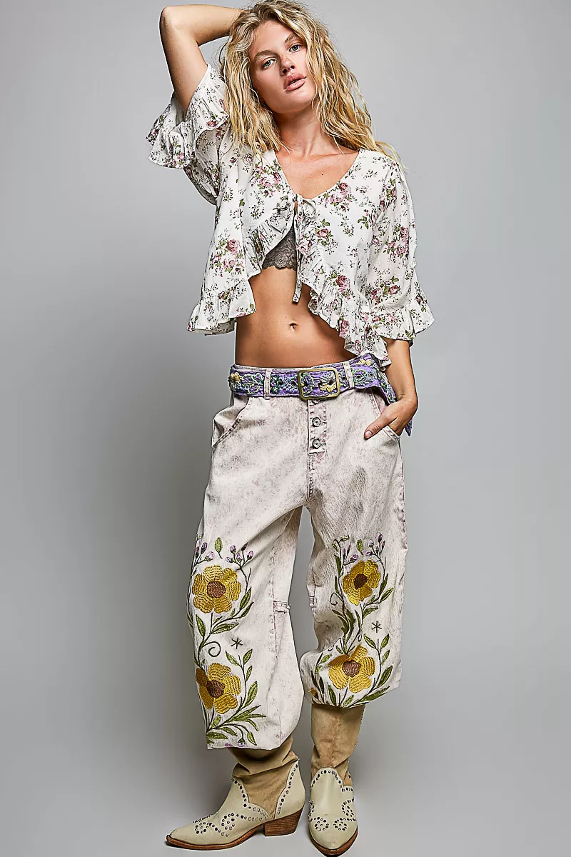 POL Ruffle Tie Front Cropped Floral Woven Flutter Sleeve Top - Image 6