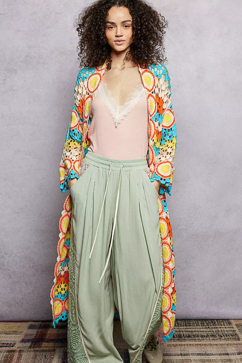 POL Scalloped Edge Open Front Crochet Cardigan with Colorful Stripe Pattern - Image 2
