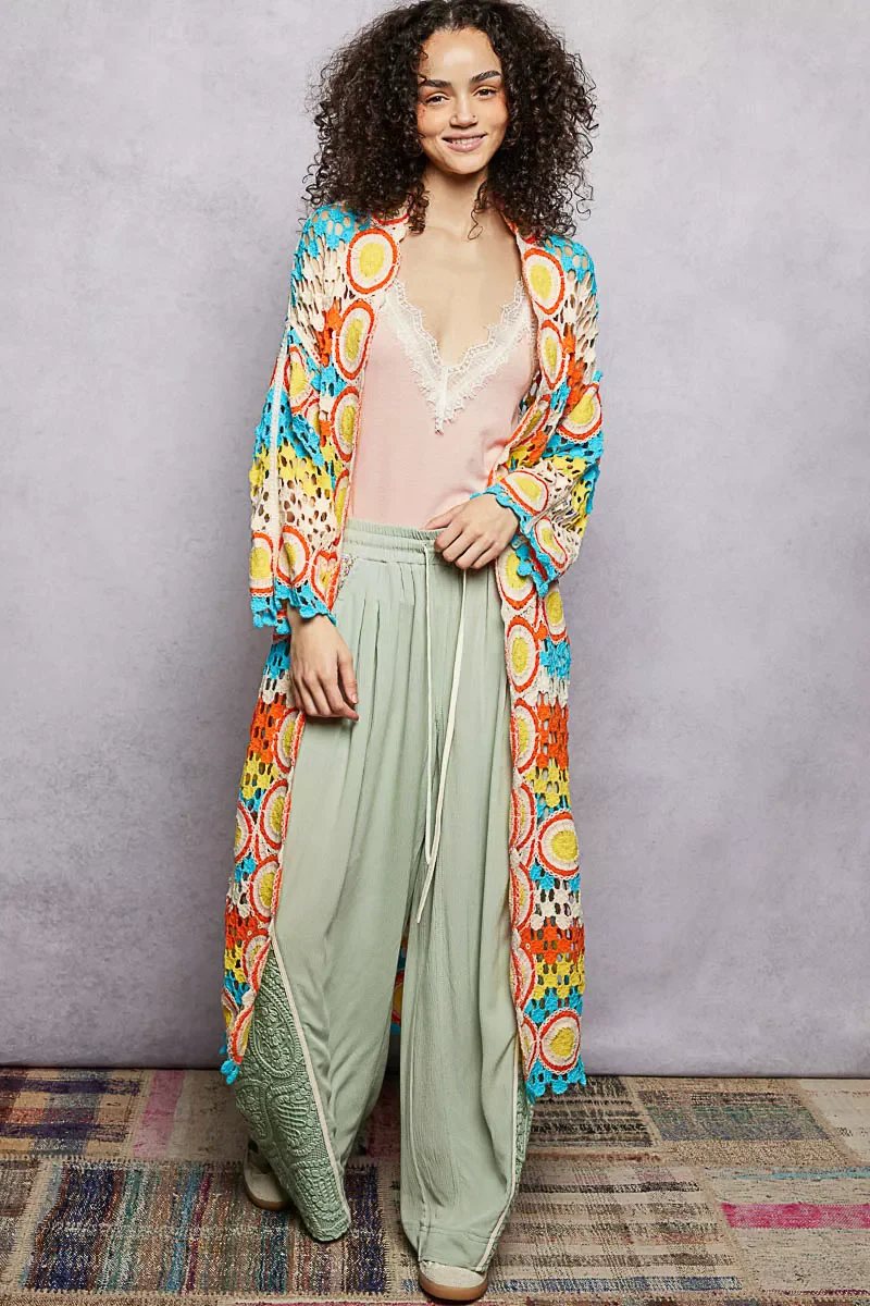 POL Scalloped Edge Open Front Crochet Cardigan with Colorful Stripe Pattern - Image 3