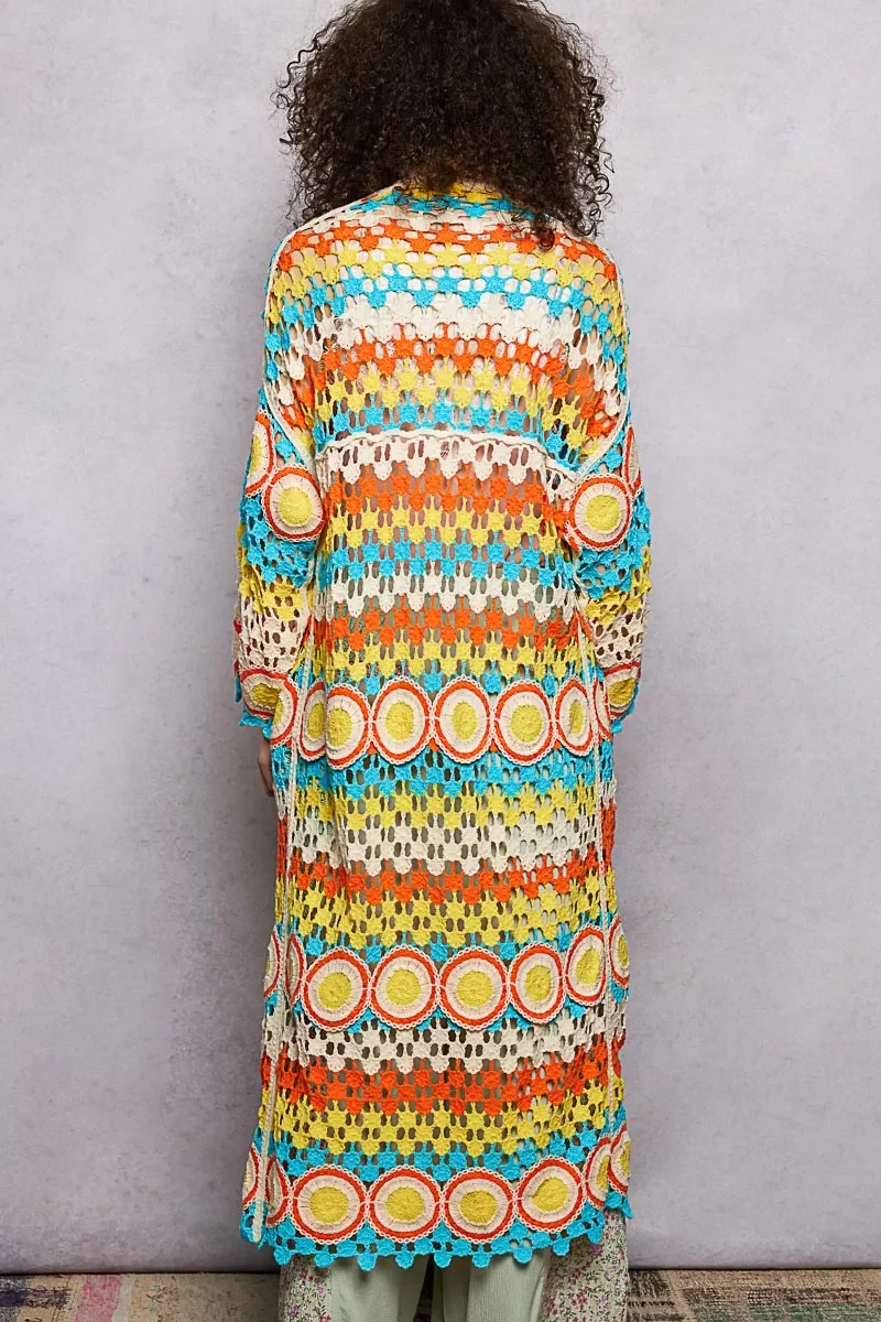 POL Scalloped Edge Open Front Crochet Cardigan with Colorful Stripe Pattern - Image 5