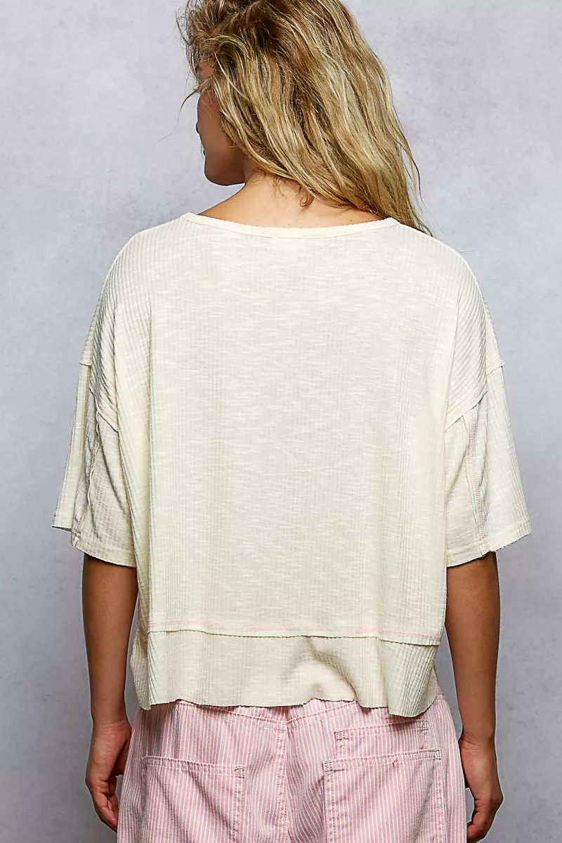 POL Short Sleeve Ccopped Rib T-Shirt with Contrast Stitch Detail - Image 5