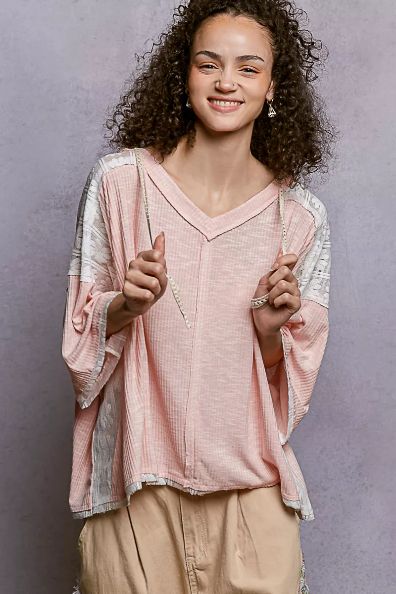 POL Short Sleeve Hoodie Top with Lace Detail - Image 2