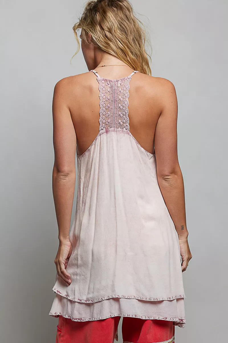 POL Solid Vintage Wash Embroidered Sleeveless Cotton Mini Dress - Image 3