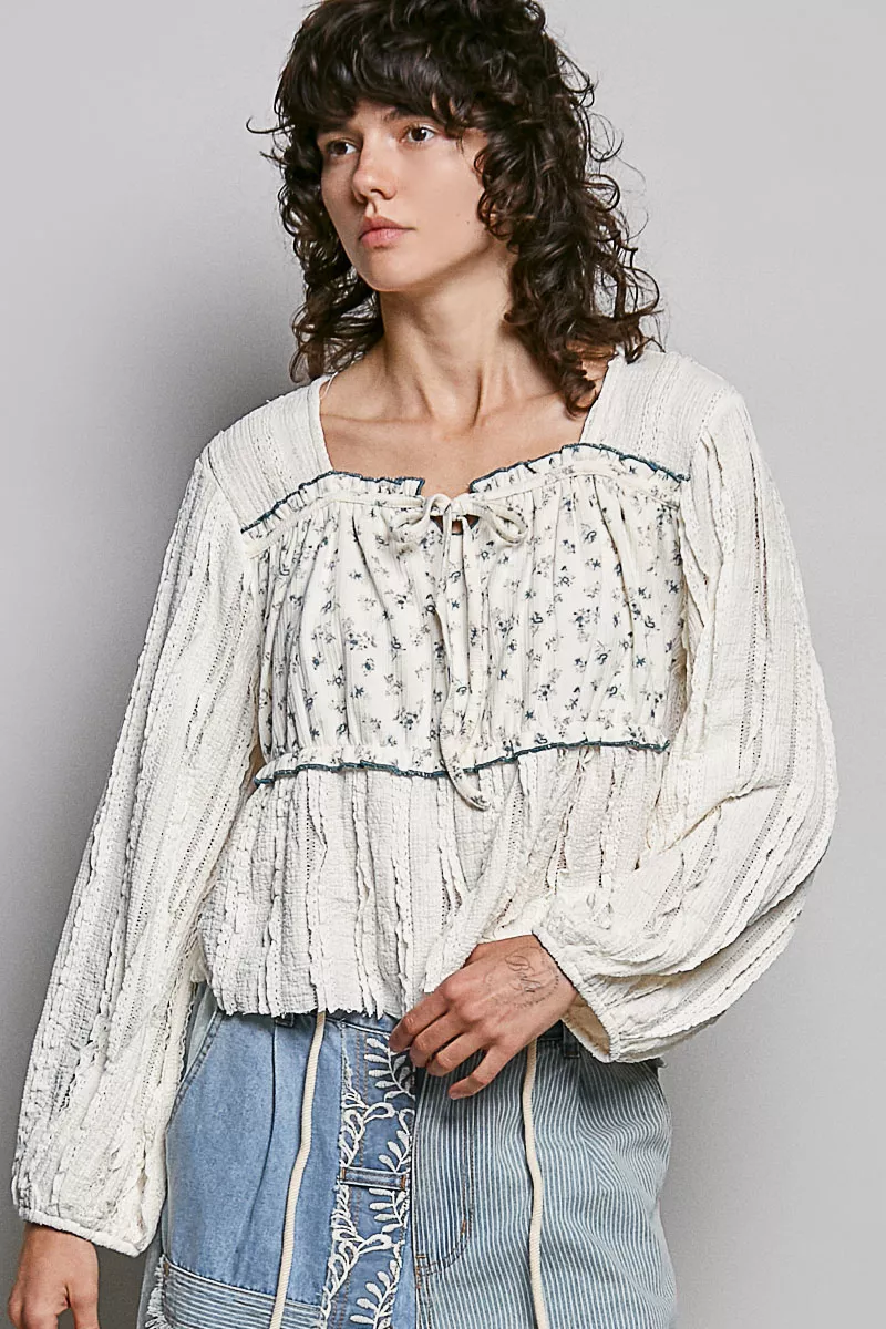 POL Square Neck Lace Long Balloon Sleeve Top - Image 2