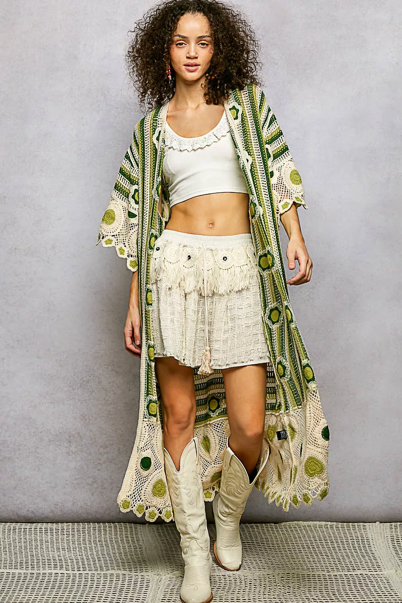 POL Striped and Floral Pattern Crochet Longline Cardigan - Image 2