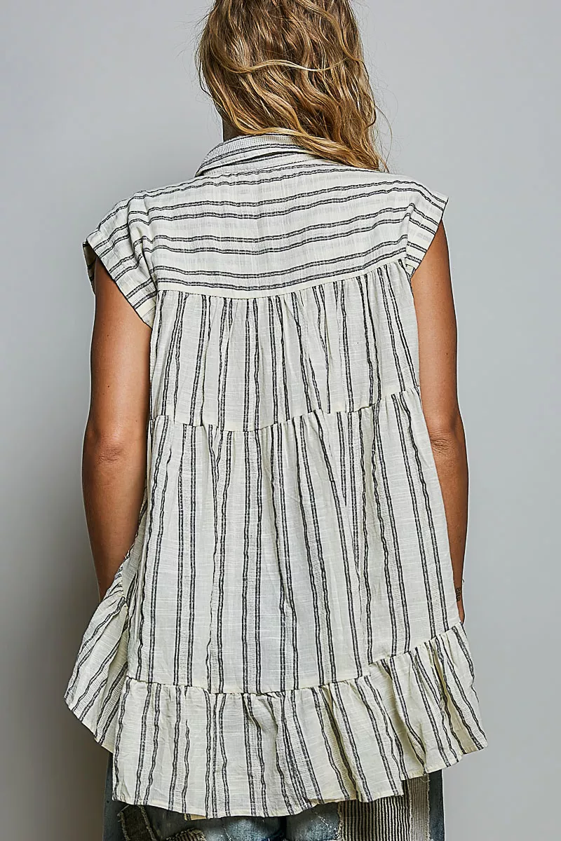 POL Striped Ruffle Collared Sleeveless Cotton Top - Image 3