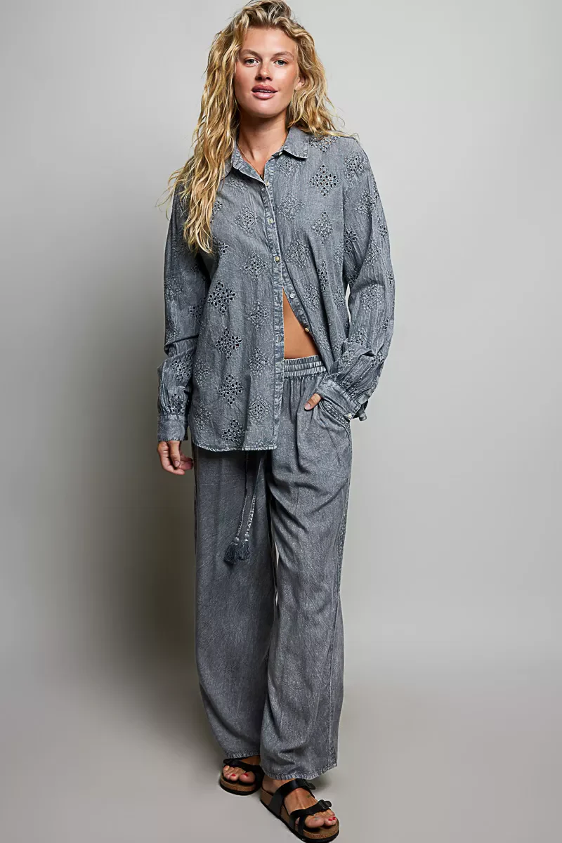 POL Tassel Drawstring Embroidered Wide Leg Woven Pants - Image 5