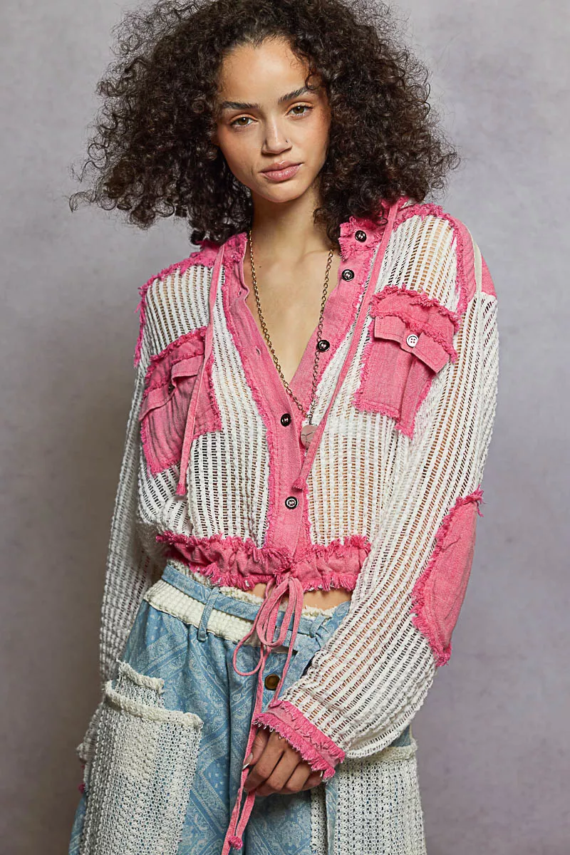 POL Texture Woven Button Down Hooded Shirt with Drawstring Hem - Image 2