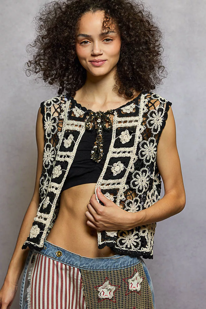POL Tie Front Floral Pattern Crochet Vest with Scalloped Edge